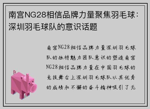 南宫NG28相信品牌力量聚焦羽毛球：深圳羽毛球队的意识话题