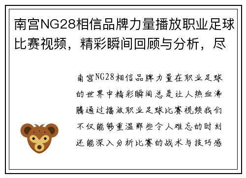 南宫NG28相信品牌力量播放职业足球比赛视频，精彩瞬间回顾与分析，尽享足球魅力与激情