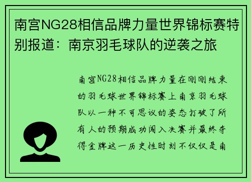 南宫NG28相信品牌力量世界锦标赛特别报道：南京羽毛球队的逆袭之旅